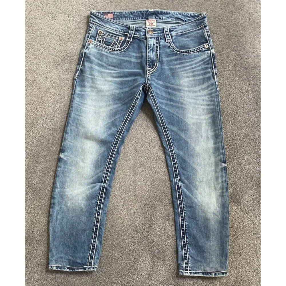 True Religion 28 Mid Rise Slim Cropped Light Wash Blue Jeans T Stitch y2k 29 - Picture 3 of 14
